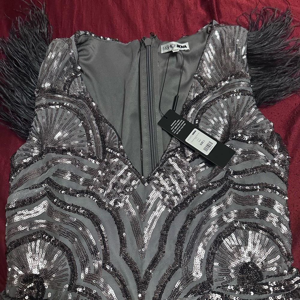 Fashion Nova Silver Sequin Dress with Feather Accents
